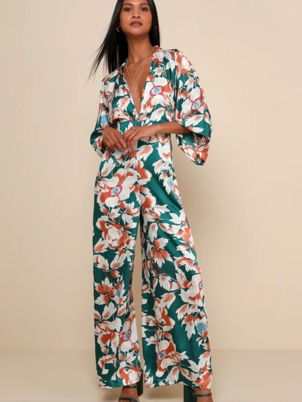 Lulus Floral Satin Wide-Leg Jumpsuit in Teal Floral Print V Neck XS